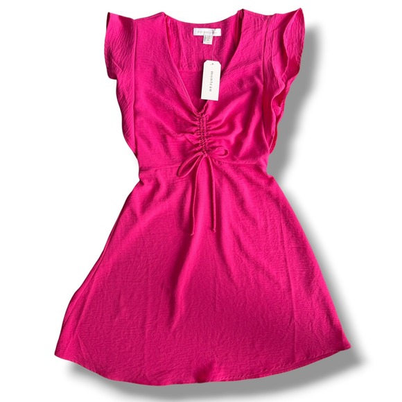 Monteau Los Angeles Dresses & Skirts - Monteau Los Angeles Women XS Hot Pink Ruched FlutterSleeve Mini Dress Barbiecore